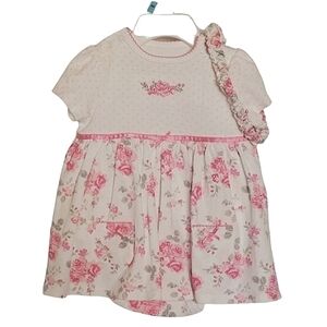 K1004 * Little Me Floral Dress Matching Headband White Pink Size 6M NWOT